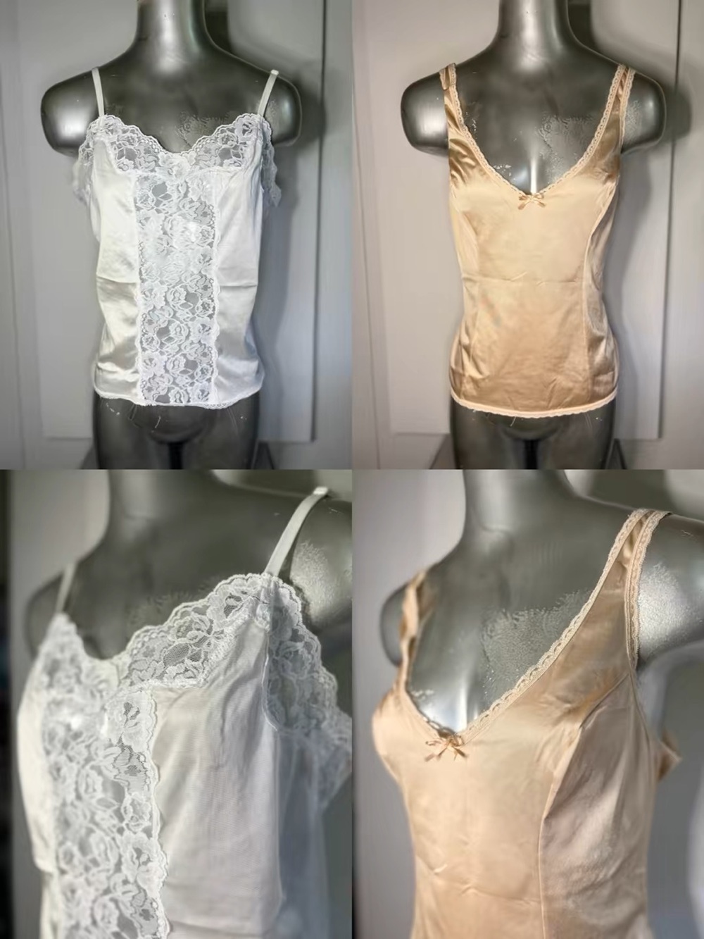Set of 2 Vintage Satin and Lace Camisoles (White and Beige) - Size M